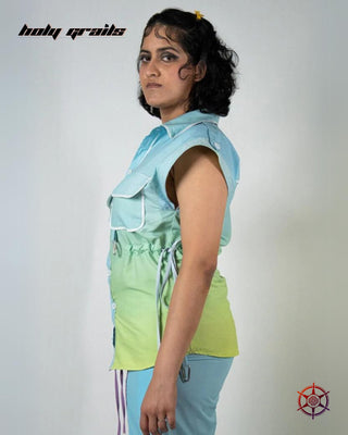 Women in Streetwear Style 'Seafoam Drawcord' Blue Green Sleeveless Oversize Shirt with 120 GSM Polycotton & 140 GSM Cotton Twlll HG x Duskin - Side