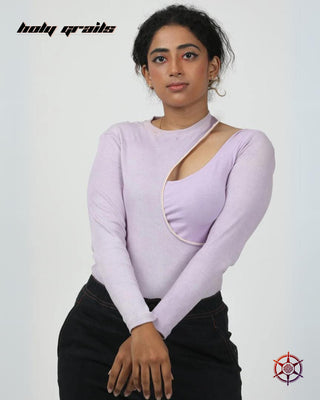 Women in Streetwear Style 'Wisteria Peek' Purple Cotton Lycra 2x2 Ribbed Knit 240 GSM & Viscose Lycra Jersey Knit 290 GSM Bodysuit HG x Duskin - Front