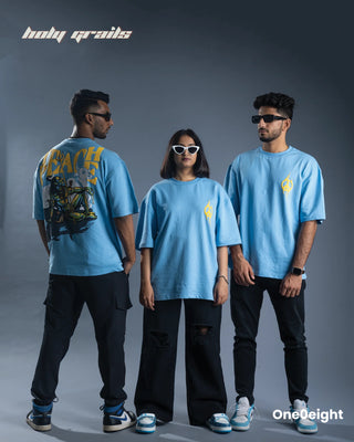 2 Guy & 1 Girl standing in Street Style 'Shantamurti Shiva' Blue 240 GSM 100% Cotton Screen & Puff Printed Oversize Tee HG x One0eight - Front & Back