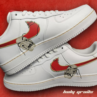 Air Force 1 x Bella Ciao Money Heist Series Themed Custom Kicks - Both Inner Sides (Featuring Red Swoosh with Dali Mask)