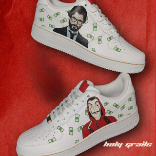 Air Force 1 x Bella Ciao Money Heist Series Themed Custom Kicks - Both Sides (Featuring Professor & Heist Dali Mask Getup)