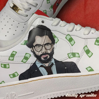 Air Force 1 x Bella Ciao Money Heist Series Themed Custom Kicks - Side 1 Close Up (Featuring Professor)