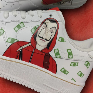 Air Force 1 x Bella Ciao Money Heist Series Themed Custom Kicks - Side 2 Close Up (Featuring Dali Mask Getup in Red Hud)