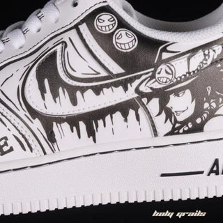 Air Force 1 x Black & White Anime Themed Hand Painted Custom Kicks - Side 1 Close Up | Ace White Beard Pirate from Anime One Piece