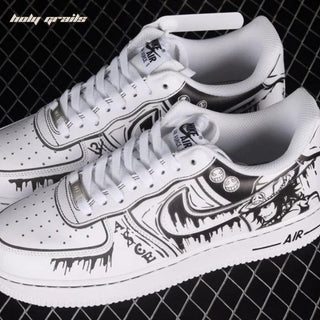 Air Force 1 x Black & White Anime Themed Hand Painted Custom Kicks - Top Side | One Piece - Ace White Beard Pirate