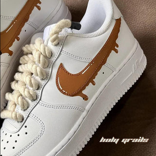 Air Force 1 x Brown Drip Altered Swoosh Custom Kicks - Side 1 Close Up