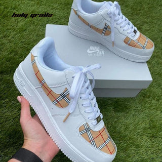 Air Force 1 x Burberry Swoosh Luxury Brand Themed Hand Painted Custom Kicks - Side 1