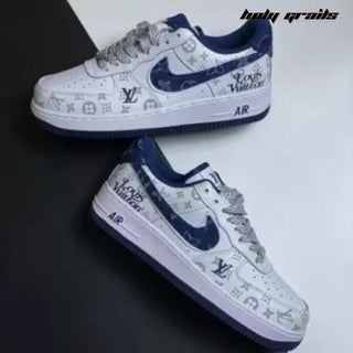 Air Force 1 x LV Blue Swoosh Brand Themed Custom Kicks - Both Sides