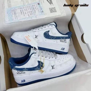 Air Force 1 x LV Blue Swoosh Brand Themed Custom Kicks - Both Sides in Box