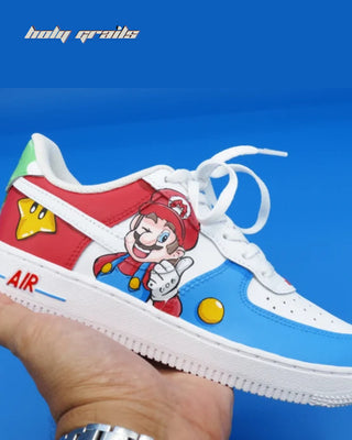 Air Force 1 x Mario Cartoon Character Themed Custom Sneakers - Public Side Close Up In Hand