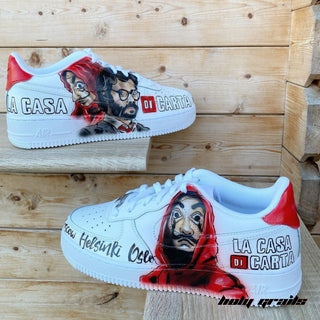 Air Force 1 x Money Heist Series Themed Custom Kicks - Both Sides (Featuring Dali Mask & Professor with Crew Name on Front)