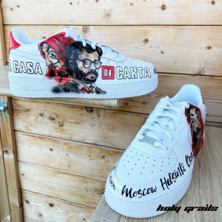 Air Force 1 x Money Heist Series Themed Custom Kicks - Front & Side (Featuring Dali Mask & Professor with Crew Name on Front)