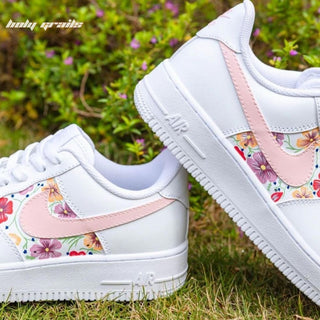 Air Force 1 x Pink Florals Abstract Themed Hand Painted Custom Kicks - Both Sides Close Up