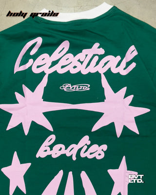 'Celestial Born' Green 260 GSM Looper Lycra Graphic Printed Oversize T-Shirt HG x Pvt Ltd - Back Print Close Up
