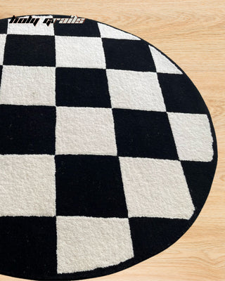 Checkmate B&W Tufted Rug On Floor Close Up