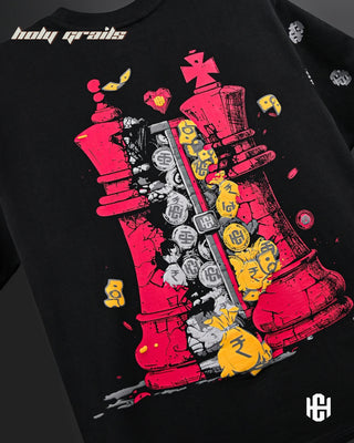 'Checkmate' Black 240 GSM 100% Terry Cotton Graphic Oversized T-Shirt HG x Charactr - Back Close