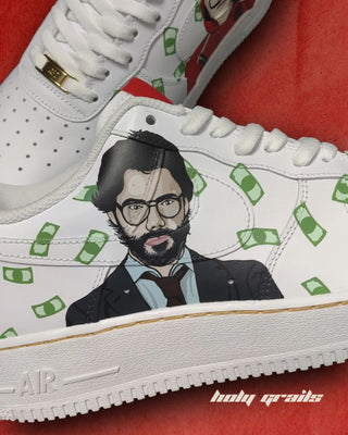 Custom Air Force 1 x Bella Ciao TV Show Money Heist Theme Sneaker - Side 1 Close Up