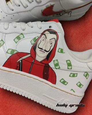 Custom Air Force 1 x Bella Ciao TV Show Money Heist Theme Sneaker - Side 2 Close Up