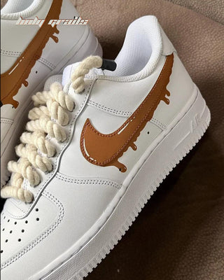 Custom Air Force 1 x Brown Drip Swoosh Theme Sneaker - Both Sides Close Up