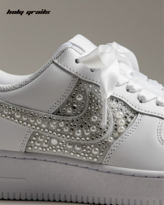 Custom Air Force 1 x Ivory & Ice Rhinestone Wedding Sneakers - Side Close Up