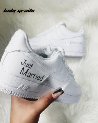 Custom Air Force 1 x Just Married Wedding Theme Sneaker - Back Side Close Shoe in Hand