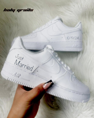 Custom Air Force 1 x Just Married Wedding Theme Sneaker - Side 1 Close Shoe in Hand