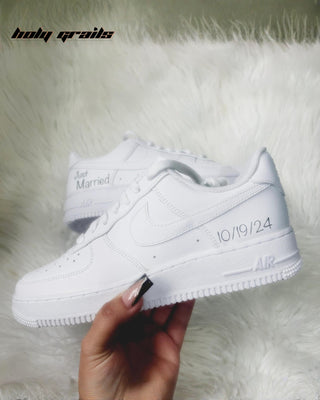 Custom Air Force 1 x Just Married Wedding Theme Sneaker - Side 2 Close Shoe in Hand