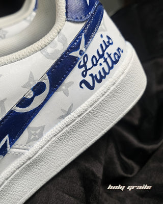Custom Air Force 1 x LV Blue Swoosh Luxury Brand Sneaker - Back Side Close Up