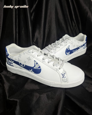 Custom Air Force 1 x LV Blue Swoosh Luxury Brand Sneaker - Outer Side Close