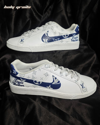 Custom Air Force 1 x LV Blue Swoosh Luxury Brand Sneaker - Outer Sides