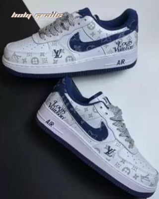 Custom Air Force 1 x LV Blue Swoosh Luxury Brand Theme Sneaker - Public Sides 1