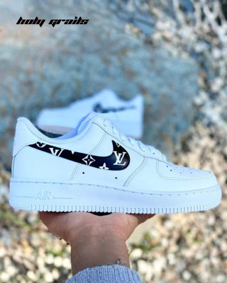 Custom Air Force 1 x LV Monogram Swoosh Theme Sneaker - Public Side in Hand Close