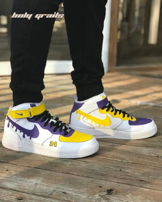 Custom Air Force 1 x Lakers Drip Sports Theme Sneaker - Both Sides in Feet
