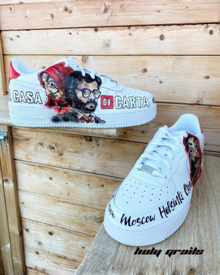 Custom Air Force 1 x Money Heist Tv Show Theme Sneakers - Side & Front