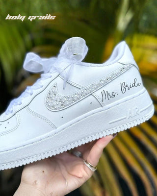 Custom Air Force 1 x Pearl Bride Wedding Theme Sneaker - Side 1 Close Shoe in Hand