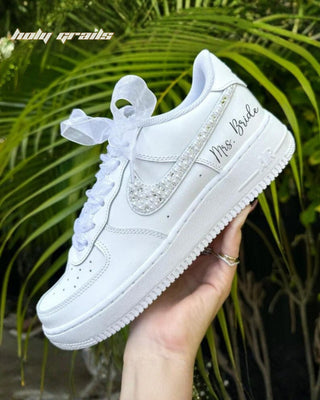 Custom Air Force 1 x Pearl Bride Wedding Theme Sneaker - Side 1 Shoe in Hand