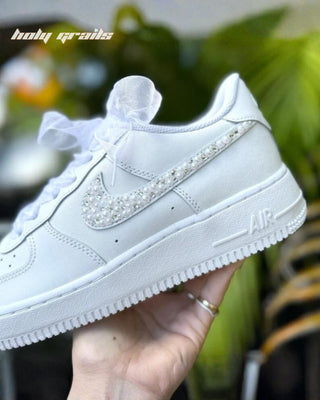 Custom Air Force 1 x Pearl Bride Wedding Theme Sneaker - Side 2 Close Shoe in Hand