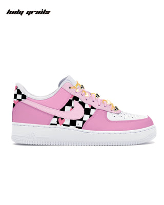 Custom Air Force 1 x Pink Checker Heart Abstract Sneakers - Side 1