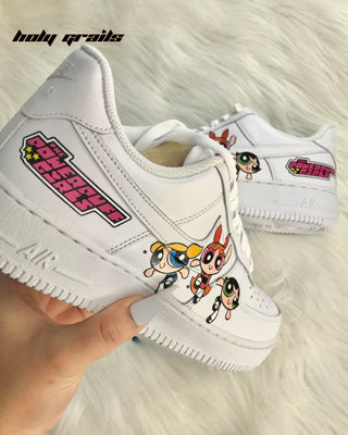 Custom Air Force 1 x Powerpuff Favorite Character Theme Sneaker - Back Side Close Up Pair In Hand