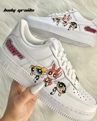 Custom Air Force 1 x Powerpuff Favorite Character Theme Sneaker - Side Close Up Pair In Hand
