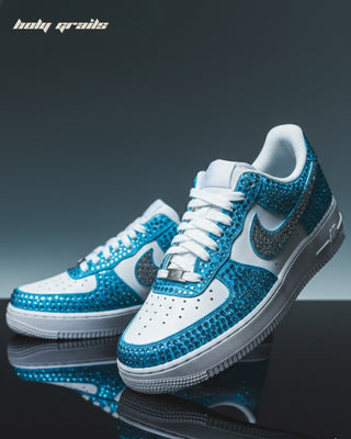 Custom Air Force 1 x Sky Blue Glaze Rhinestone Wedding Sneakers - Front Side Both
