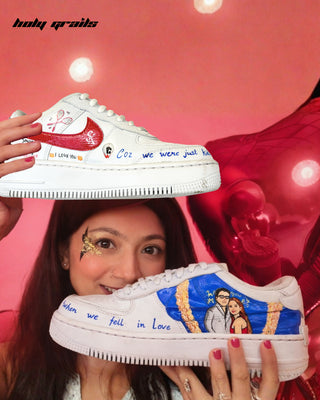 Girl Holding Custom Air Force 1 x Someone's Special Edition Wedding Theme Sneaker - Sides In Hand