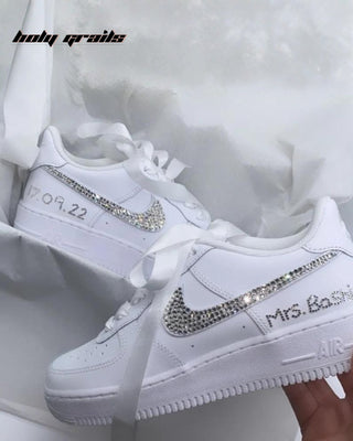 Custom Air Force 1 x Sparkling Bride Wedding Theme Sneaker - Side Close Shoe in Hand