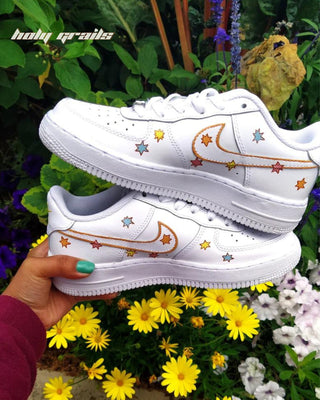 Custom Air Force 1 x Sunshine Abstract Theme Sneaker - Both Sides 2 Shoes in Hand