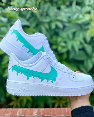 Custom Air Force 1 x Turquoise Turtle Drip Swoosh Theme Sneaker - Both Sides in Hand