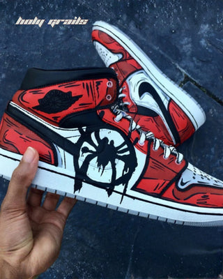 Custom Air Jordan 1 Mid x Spider Verse TV Series & Movies Theme Sneaker - Both Sides in Hand Close Up