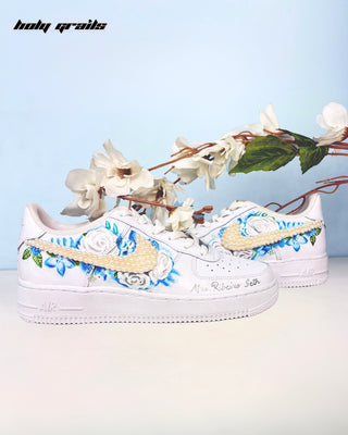 Custom Hand Painted Air Force 1 x Bridal Blues Sneakers - Both Sides Close