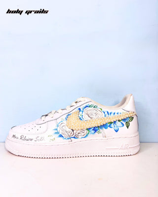 Custom Hand Painted Air Force 1 x Bridal Blues Sneakers - Outer Side