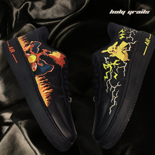 Custom Air Force 1 x Pokémon Fire Sparks Hand Painted Sneaker - Both Sides - Charizard & Pikachu Close
