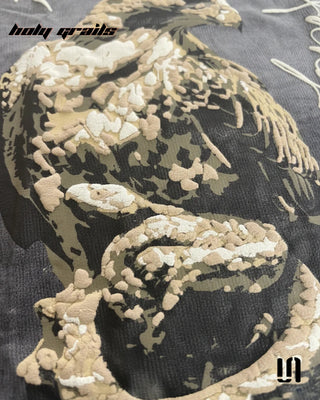 'Death Scavenger' Grey Premium Acid Wash Fabric Graphic Printed Sleeveless Tank Top HG x Sullitt - Front Print Close Up